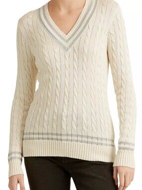 Lauren Ralph Lauren Metallic Striped Cricket Sweater V-neck Pullover Long Sleeve